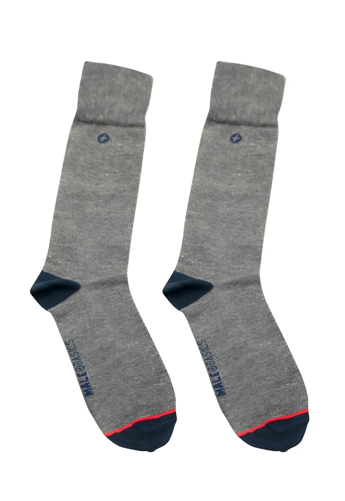 Malebasics dress sock gray with gray heathered fabric navy blue toe and heel red trim and small embroidered logo