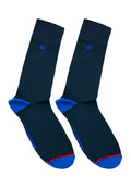 Malebasics dress sock navy in dark navy with royal blue toe heel accents and subtle embroidered logo near cuff