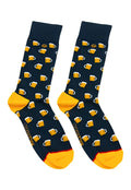 Malebasics fun sock-beers dark blue socks with yellow beer mug pattern and bright yellow toes and heel accents