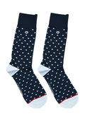 Malebasics fun sock-dotted navy blue socks with white polka dots light blue toe caps and red trim at heel