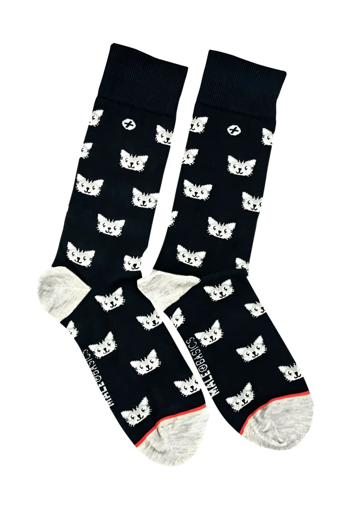 Malebasics fun sock feline black socks with white cat faces gray toe heel and red trim for men