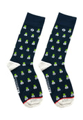 Navy blue male basics fun socks with green and white pineapple pattern and red toe and heel trim