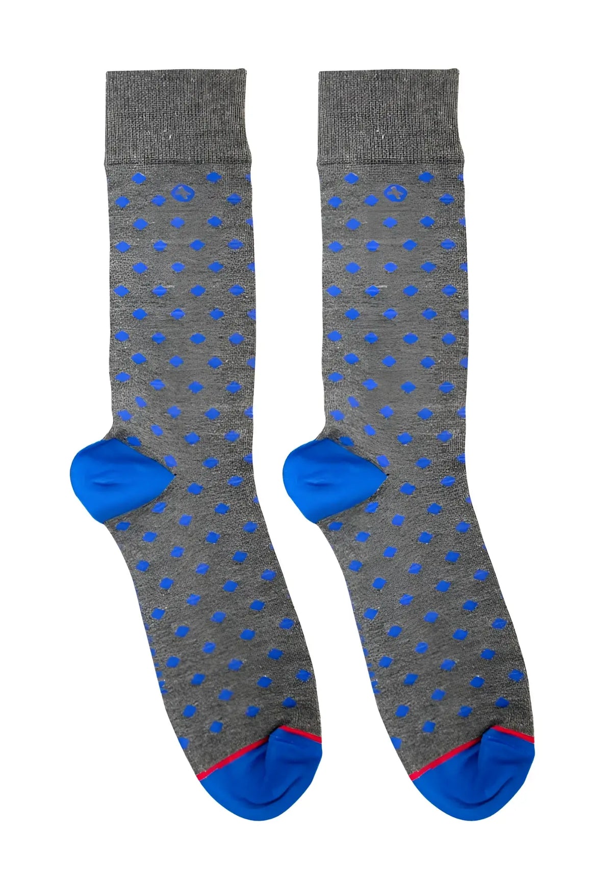 Malebasics fun sock rombos gray socks with blue polka dots bright blue toe caps and pink heel trim