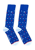 Malebasics fun socks polka are blue cotton socks with red white black polka dots white toe heel and millebasics branding