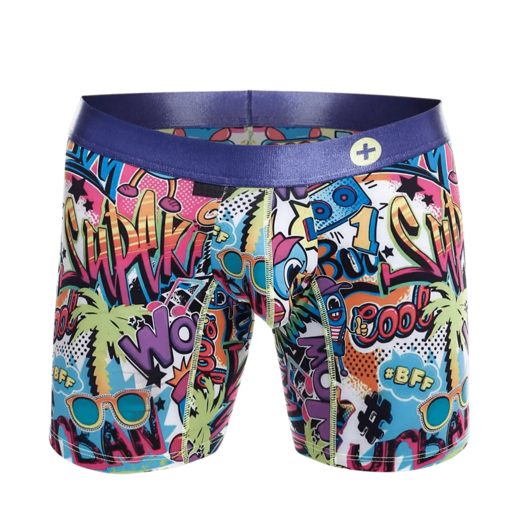 Malebasics hipster boxer brief comics with vibrant comic book graphics purple waistband and colorful palm tree design