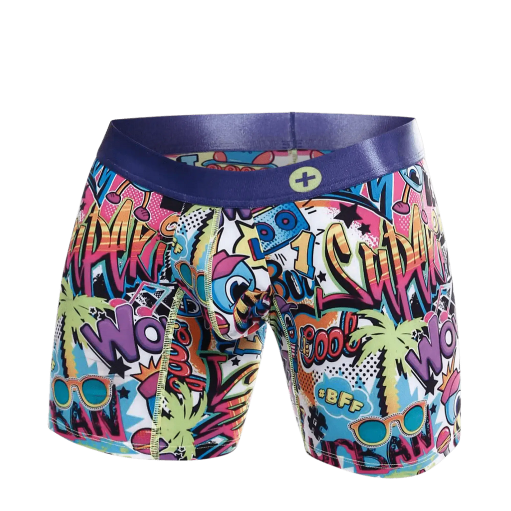 MaleBasics hipster boxer brief comics with vibrant comic book graphics and a bold purple waistband for men