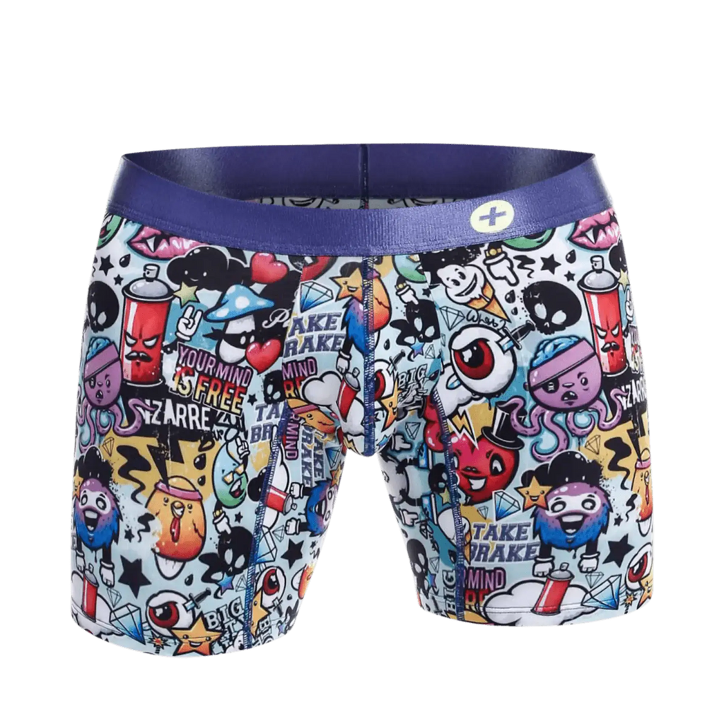 Malebasics hipster boxer briefs with a vibrant graffiti-style cartoon print on white fabric and a purple waistband.