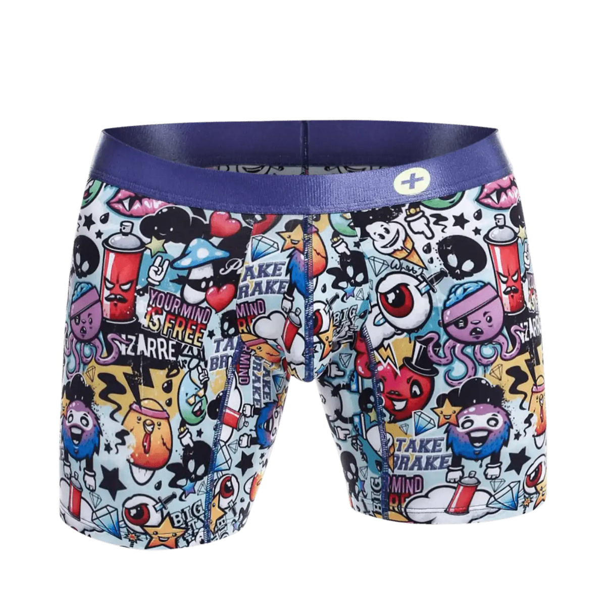 Malebasics hipster boxer briefs with a vibrant graffiti-style cartoon print on white fabric and a purple waistband.