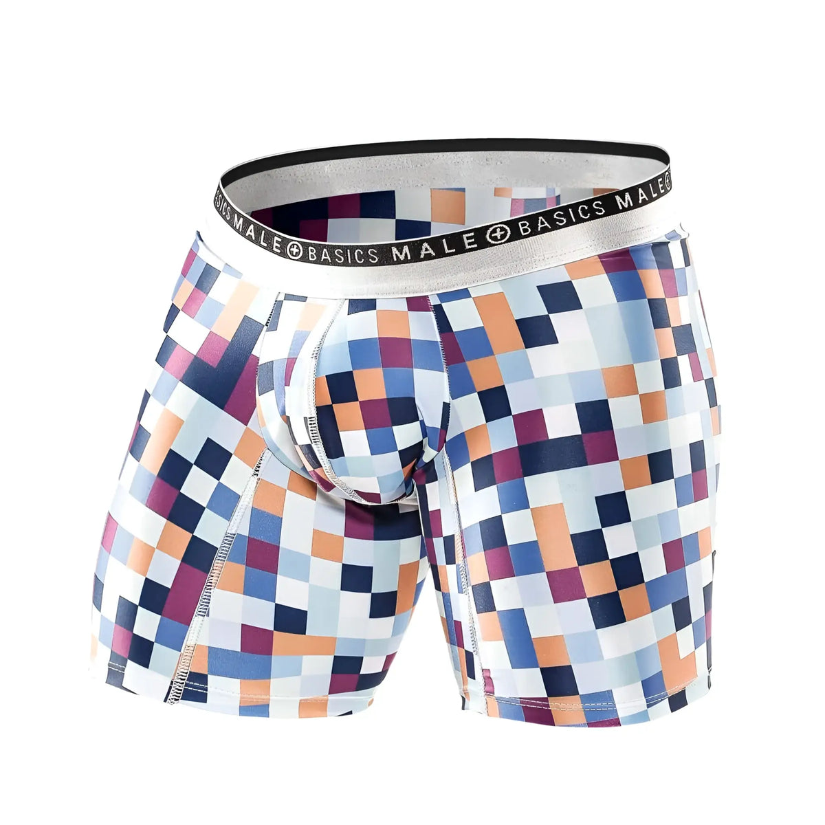 Malebasics hipster boxer brief pixels with vibrant blue orange purple white pixelated pattern and silver branded waistband