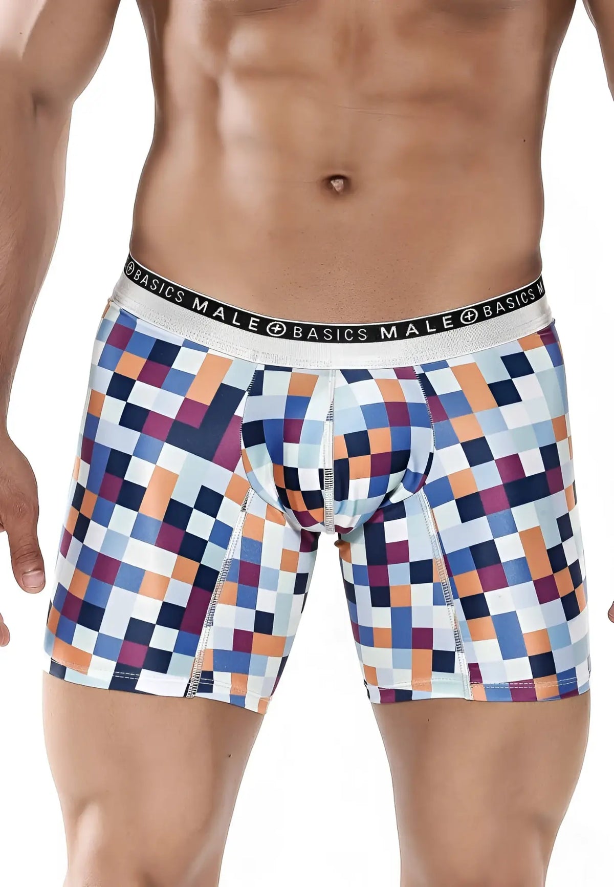 Malebasics hipster boxer brief featuring a blue, orange, and purple pixelated pattern with a branded silver waistband.