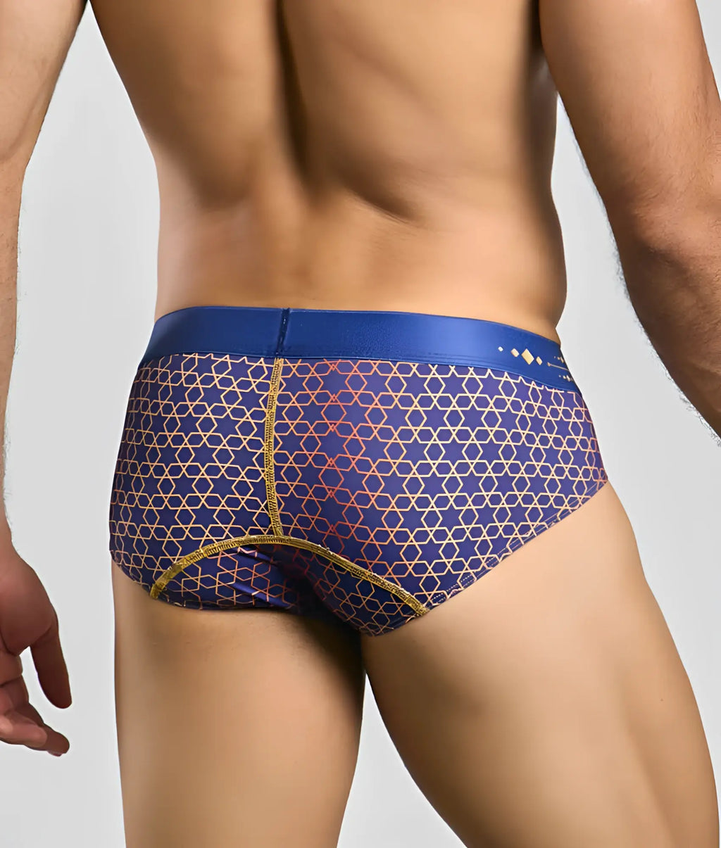 MaleBasics hipster brief in blue and gold geometric pattern with solid blue waistband for comfortable daily wear