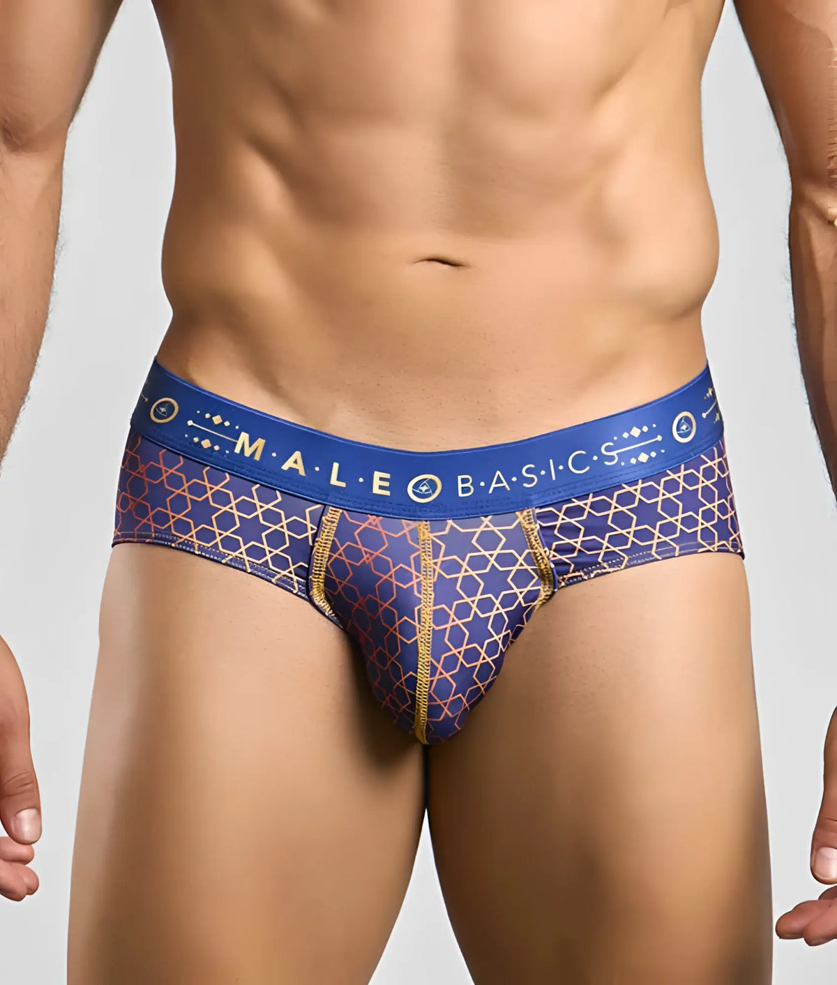 Malebasics hipster brief in blue and gold patterned fabric with a branded waistband for men