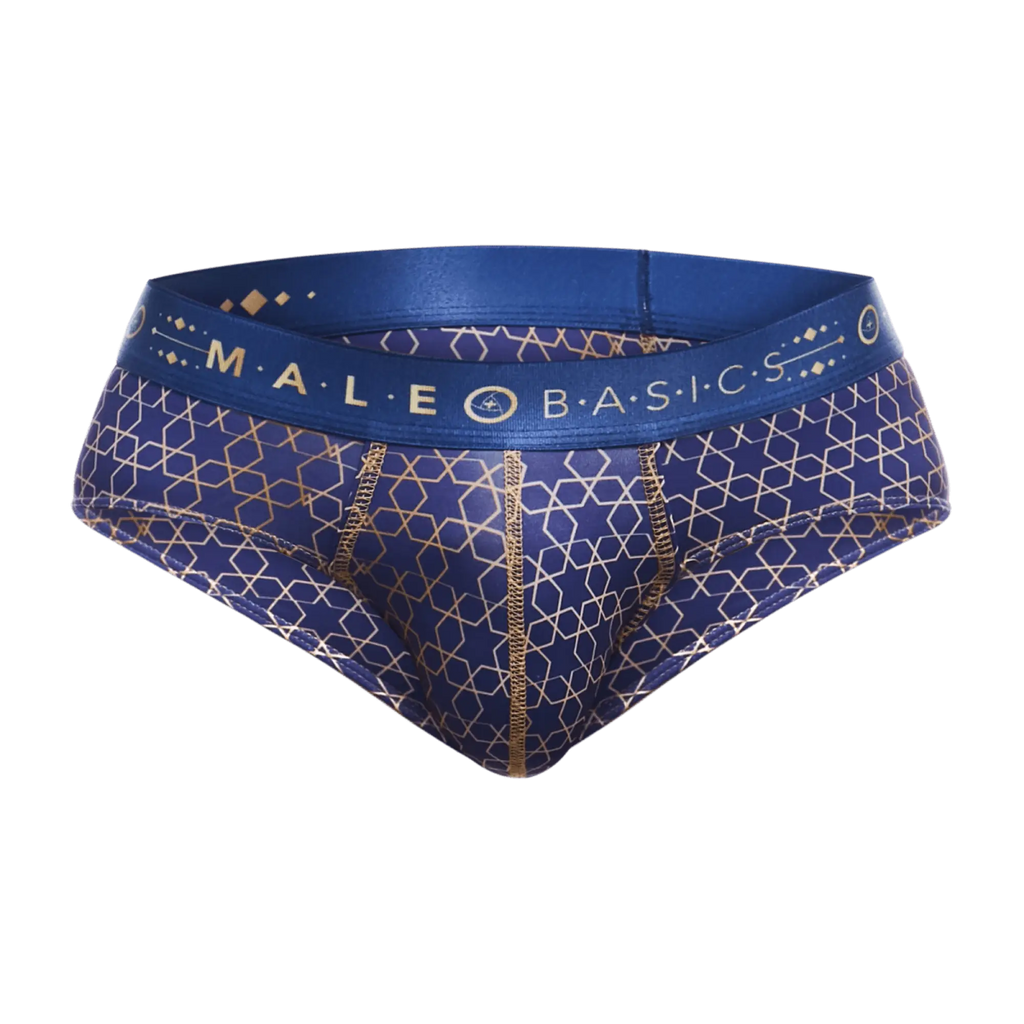 Male basics hipster brief in blue and gold patterned fabric with a branded waistband for comfortable everyday wear