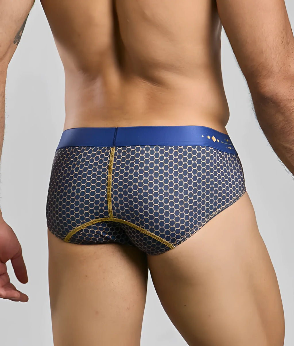 Malebasics hipster brief in blue and gray honeycomb pattern with yellow stitching for comfortable support