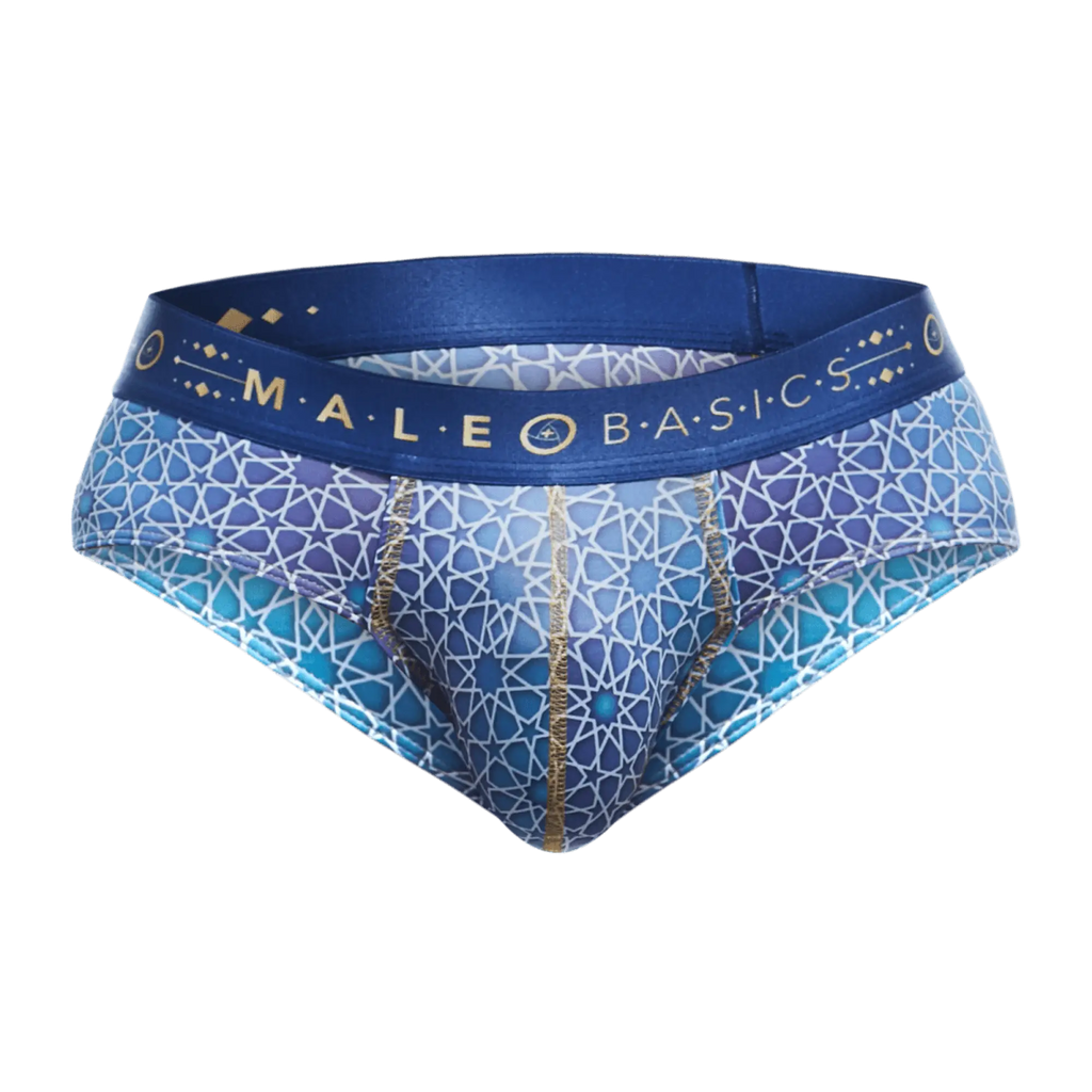 Malebasics hipster brief in blue and purple patterned fabric with gold geometric accents and a branded waistband