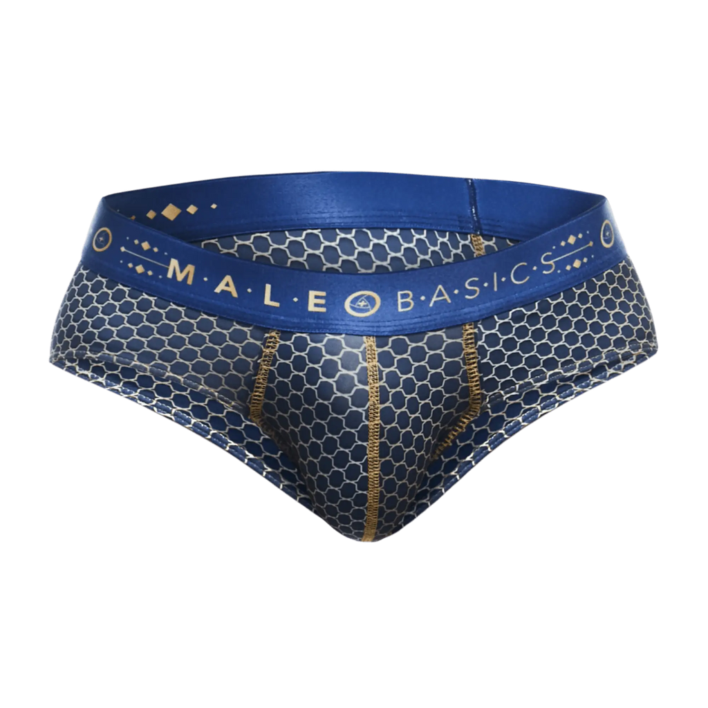 Malebasics hipster brief in blue and silver honeycomb pattern with gold trim waistband for men