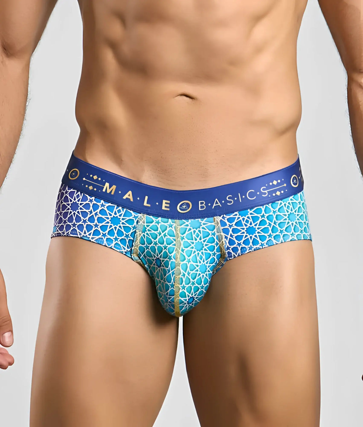 Malebasics hipster brief in blue and turquoise with geometric pattern and male basic branded waistband