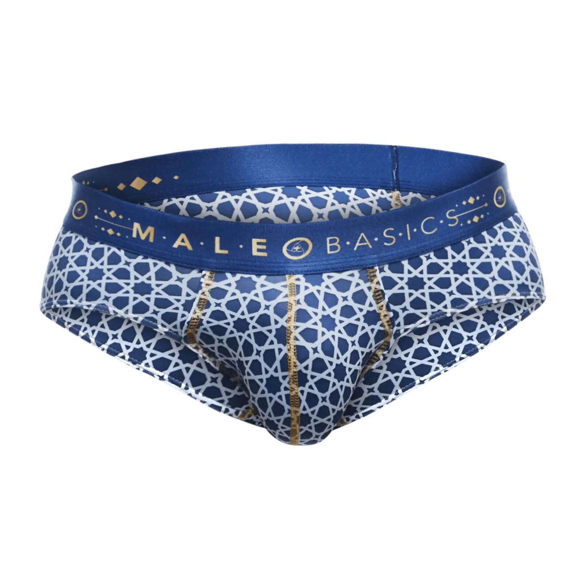 Blue and white patterned menâ€™s briefs with gold trim and geometric design by male basics hipster brief