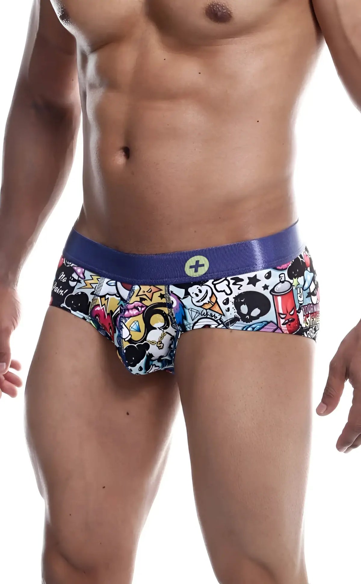 Malebasics hipster brief comics blue and white cartoon-patterned menâ€™s briefs with shiny elastic waistband front view