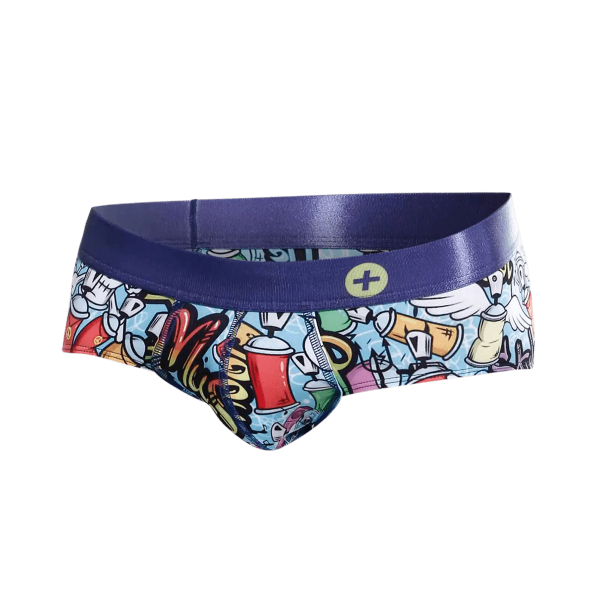 Malebasics hipster briefs featuring vibrant cartoon spray paint cans on light blue fabric with a bold blue waistband.