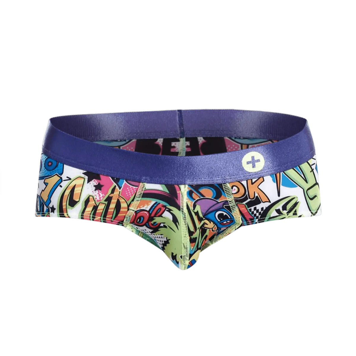 MaleBasics hipster brief comics vibrant cartoon print with bold purple waistband on white cotton blend fabric