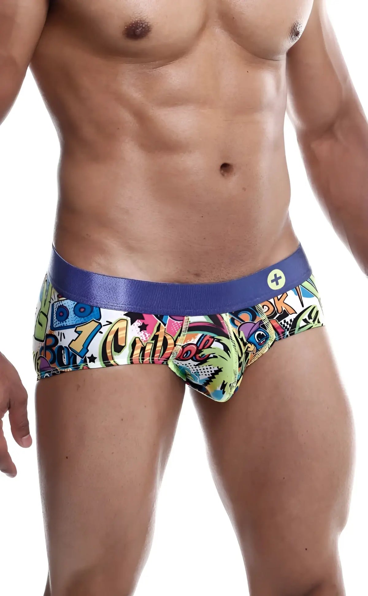 Malebasics hipster brief comics featuring vibrant comic-book-style graphics with bold blue waistband for men