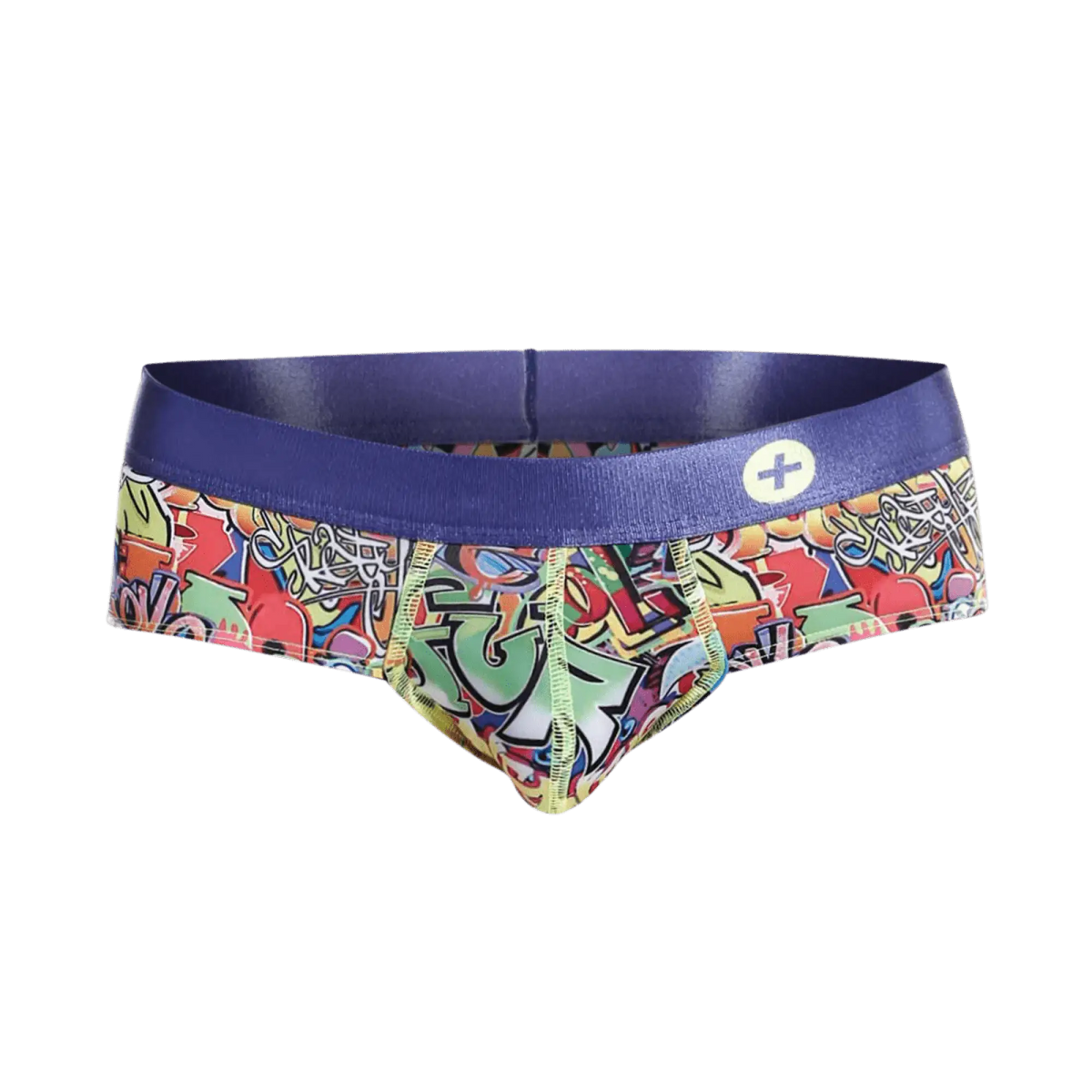 Malebasics hipster brief comics vibrant graffiti patterned menâ€™s briefs with purple waistband and white plus sign logo