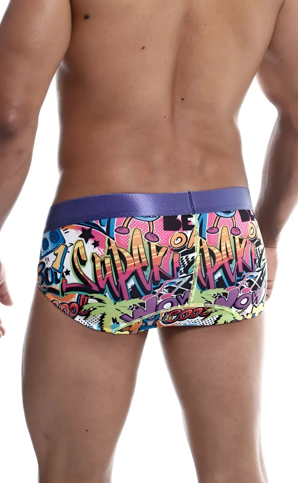 Malebasics hipster brief comics with vibrant graffiti pattern and bold purple waistband for comfortable wear