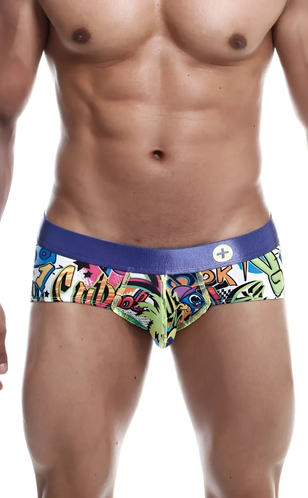 Malebasics hipster brief comics with vibrant graffiti-style print and bold blue waistband in colorful cartoon graphics