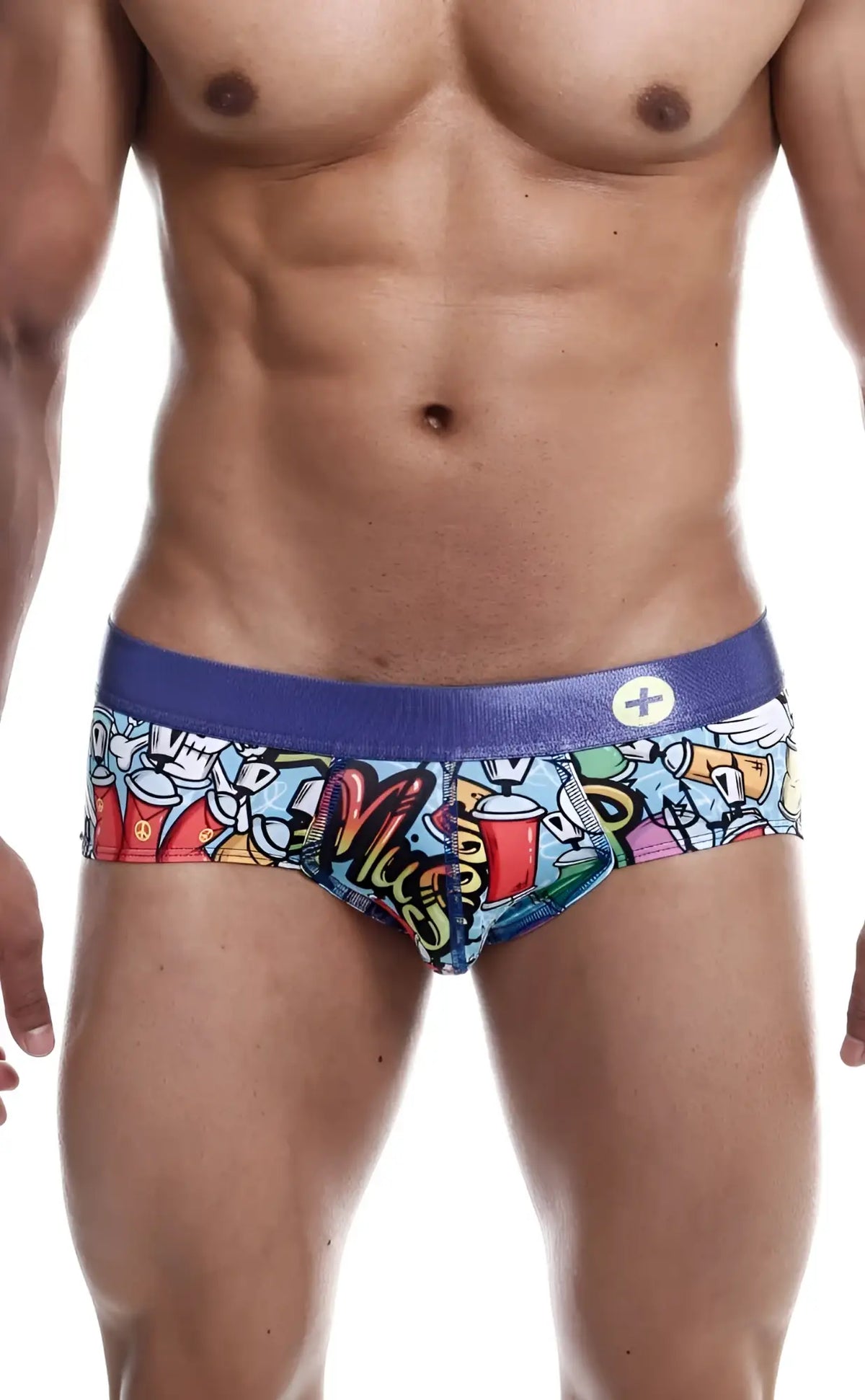Malebasics hipster brief comics with vibrant graffiti-style print and bold purple waistband in colorful cotton blend