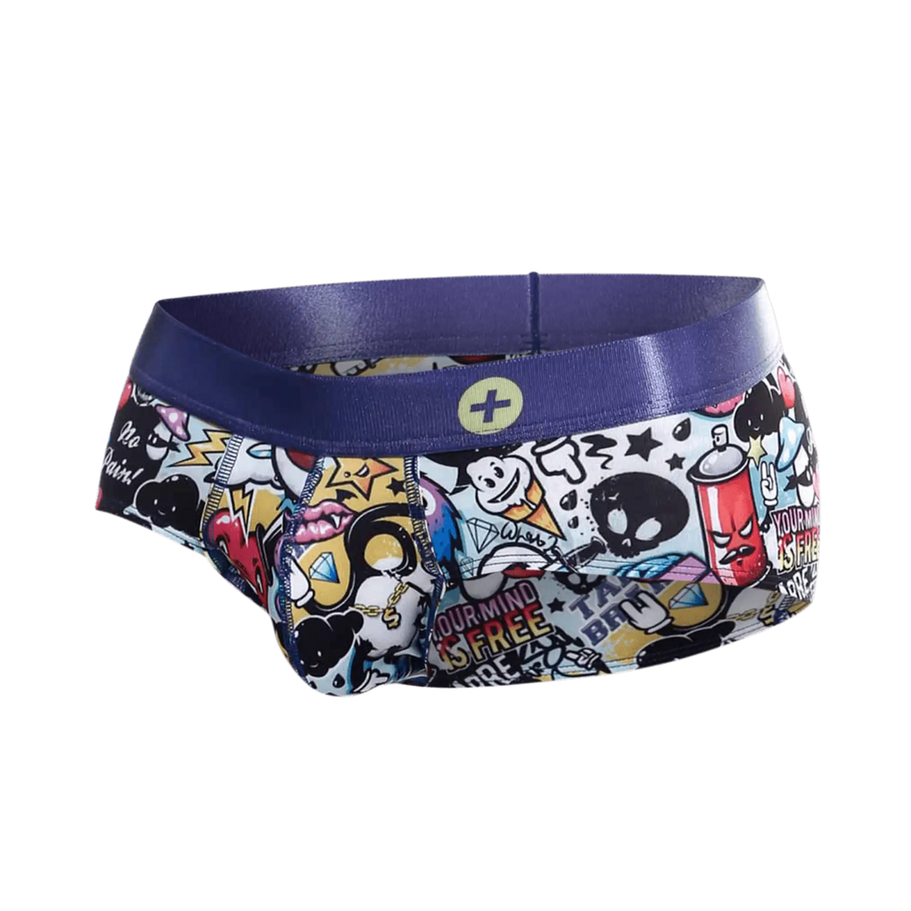 Menbasics hipster brief comics vibrant graffiti print with bold purple waistband and colorful cartoon graphics