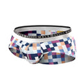 Colorful pixelated pattern male basics hipster briefs with silver branded waistband in a close-up view