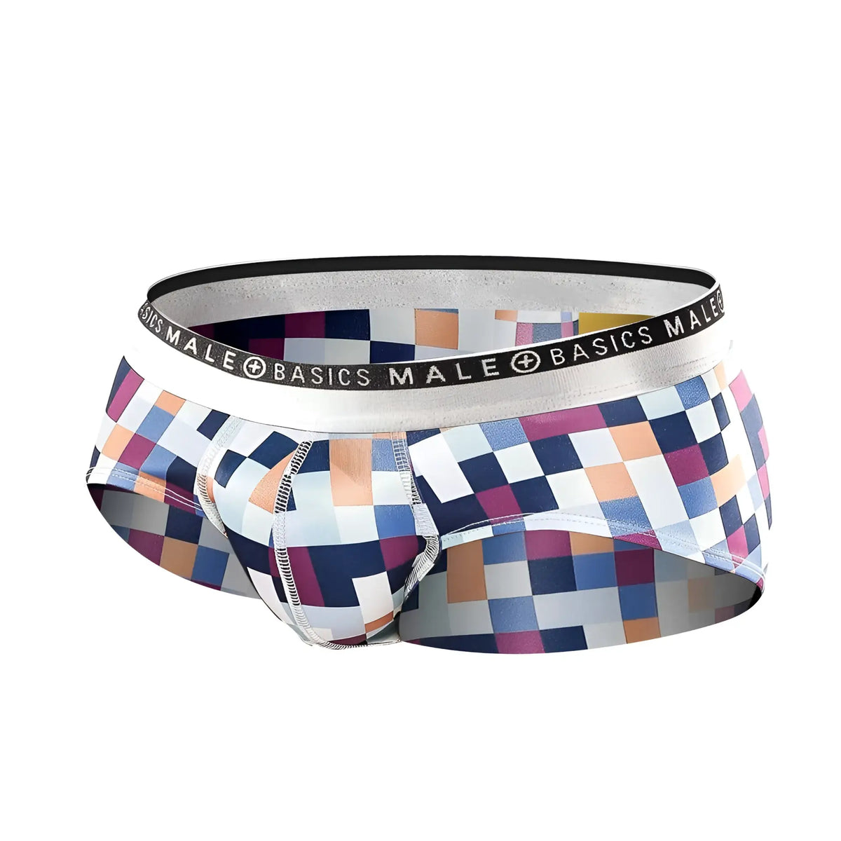 Colorful pixelated pattern male basics hipster briefs with silver branded waistband in a close-up view