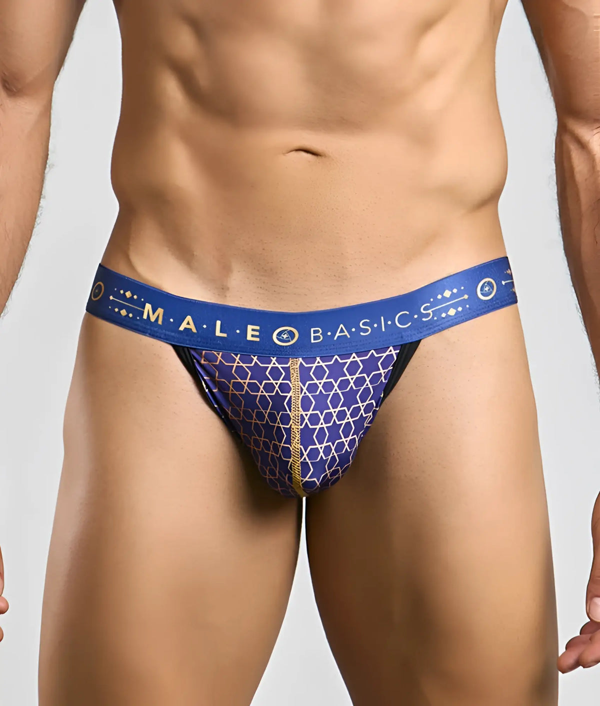 Malebasics hipster jockstrap in blue and gold patterned geometric design for male basics briefs