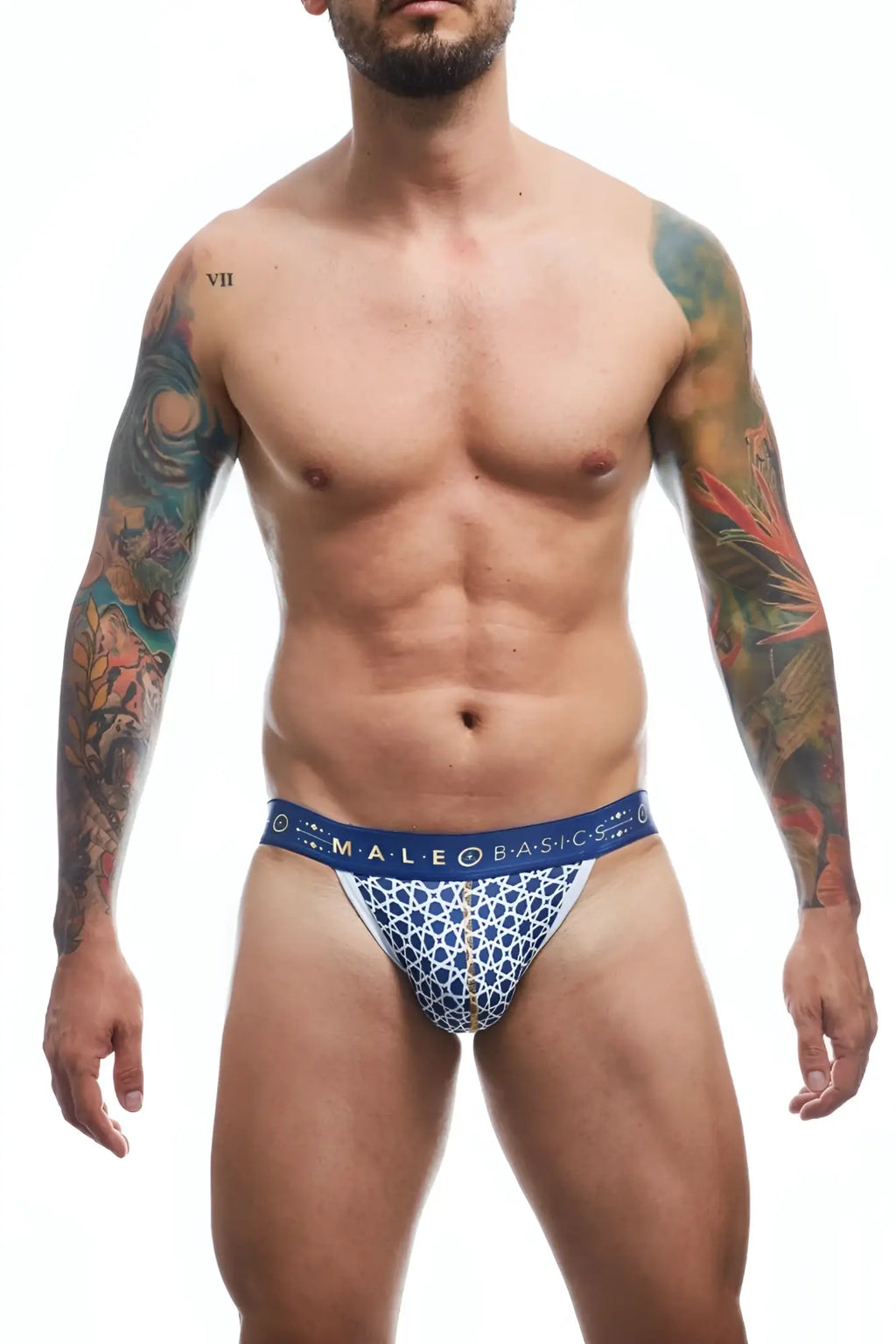 Malebasics hipster jockstrap in blue and white geometric patterned fabric designed for male comfort and support