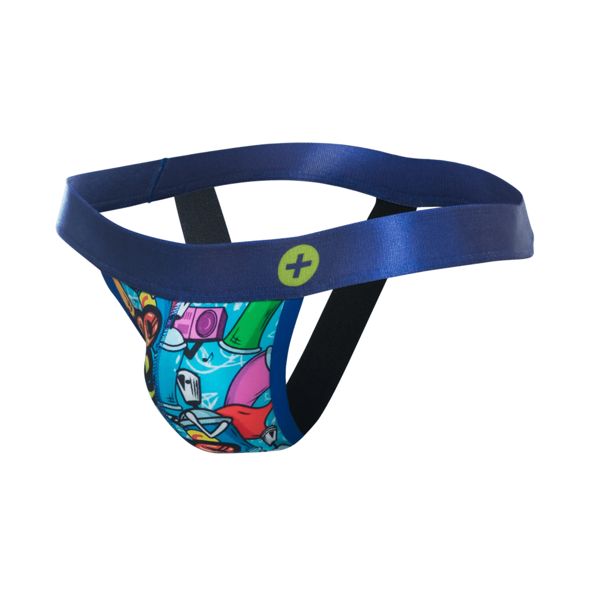Blue malebasics hipster jockstrap with vibrant graffiti-style print featuring cartoon characters in pink green red and yellow