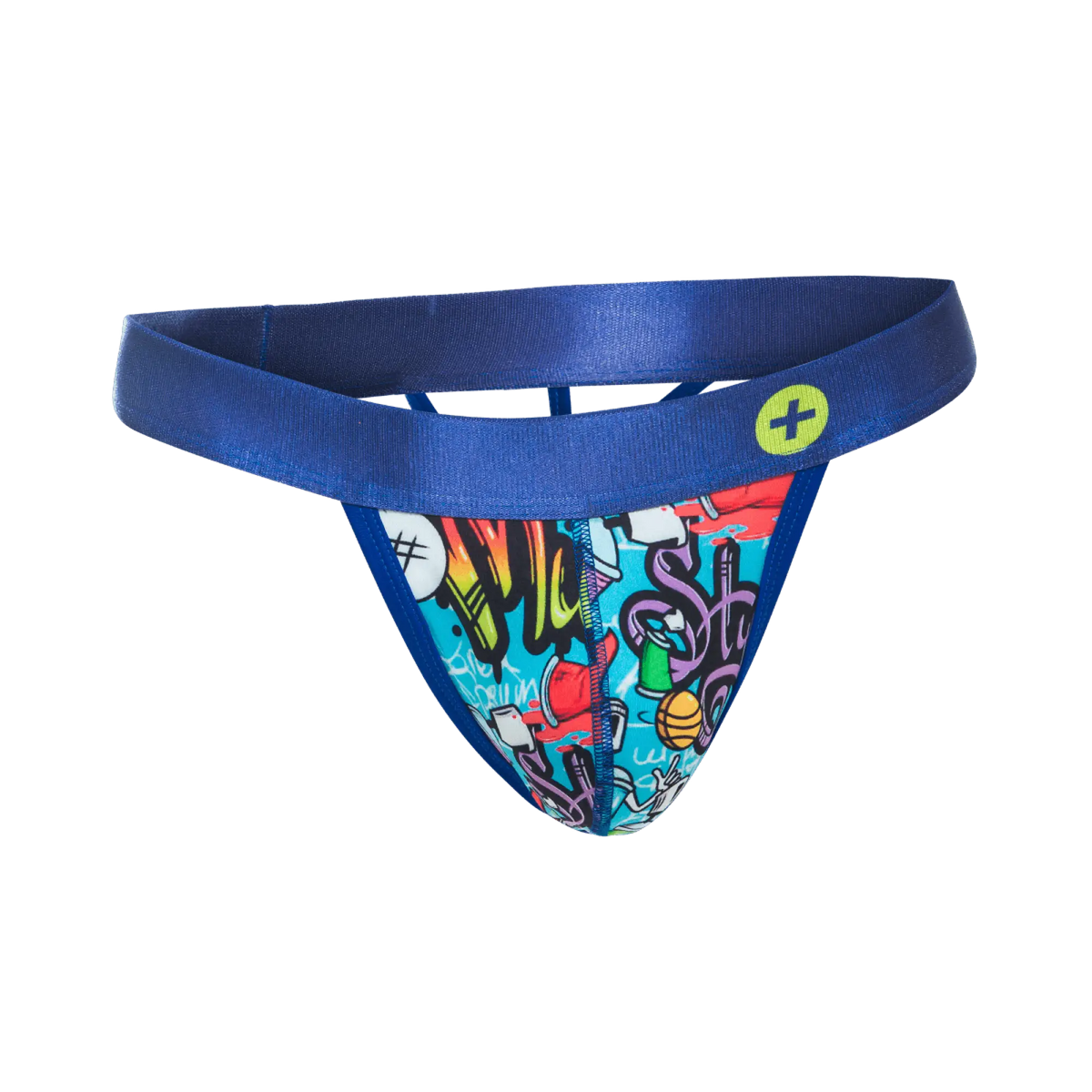 Malebasics hipster thong comics in blue with vibrant graffiti graphics and satin waistband with yellow logo