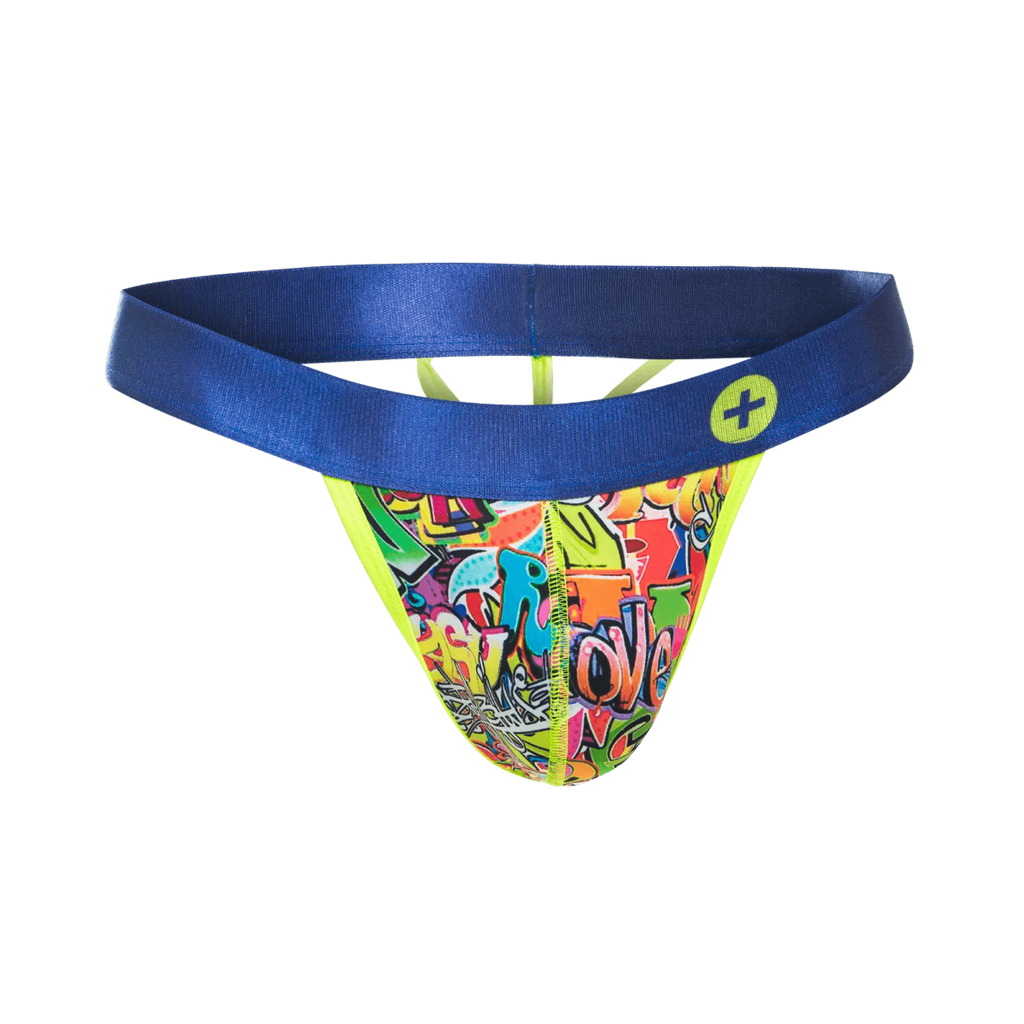 MaleBasics hipster thong comics with vibrant graffiti pattern blue waistband and neon yellow trim front view