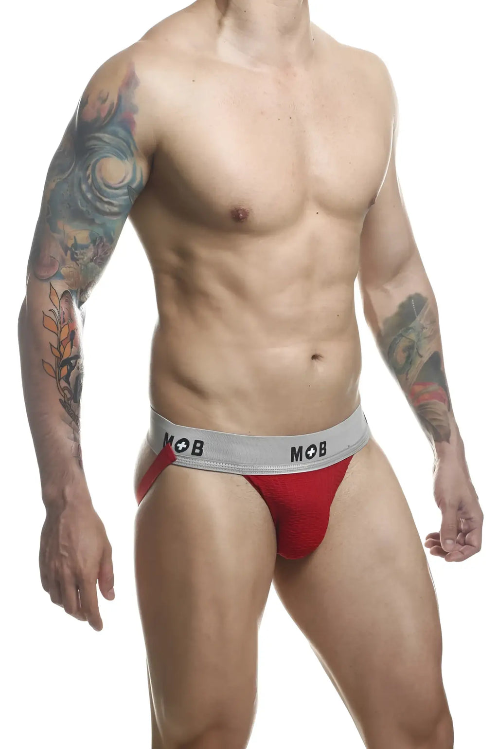 Red malebasics classic fetish jockstrap with 3 inch straps and gray waistband featuring mob logo