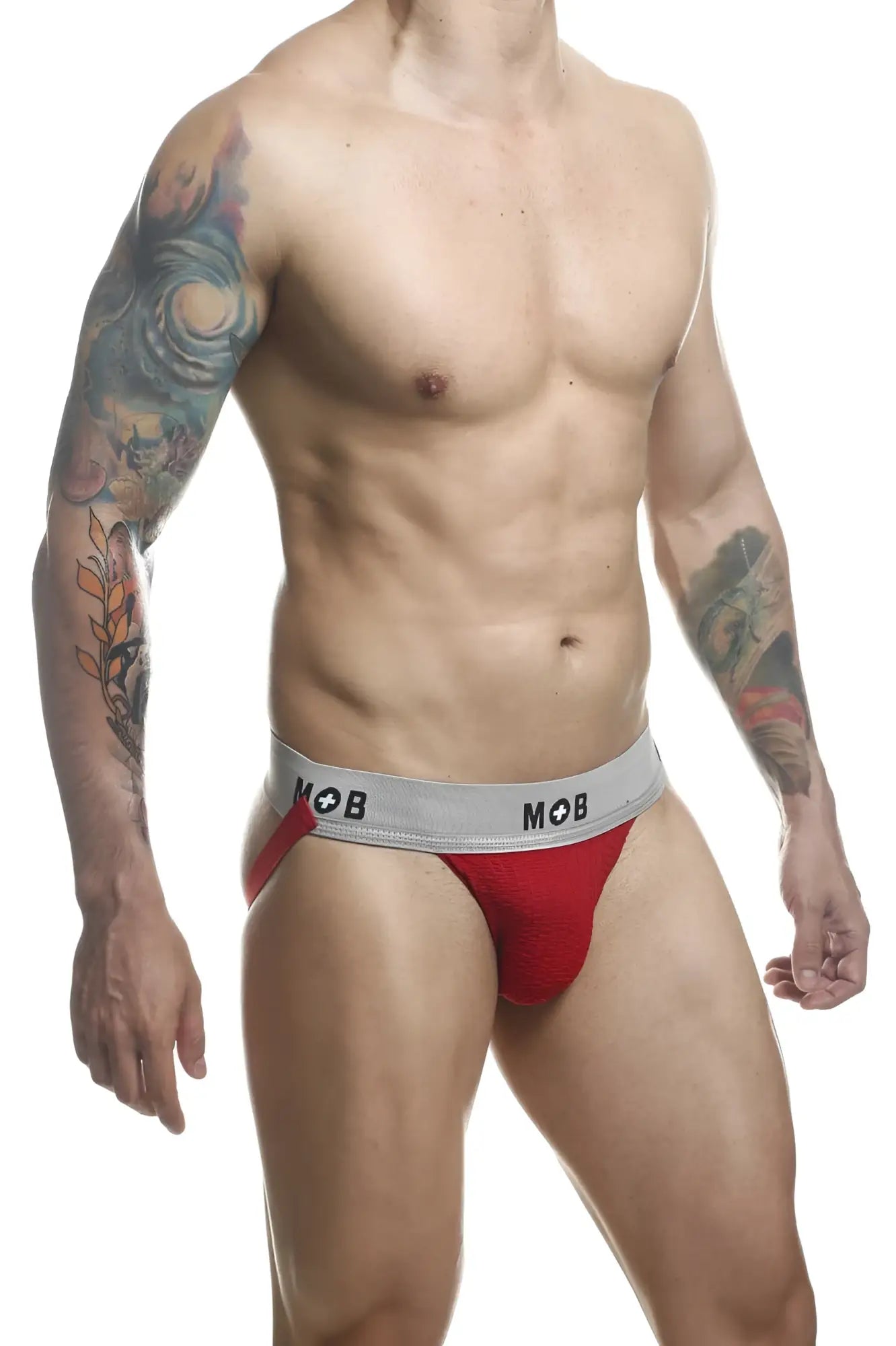 Red malebasics classic fetish jockstrap with 3 inch straps and gray waistband featuring mob logo