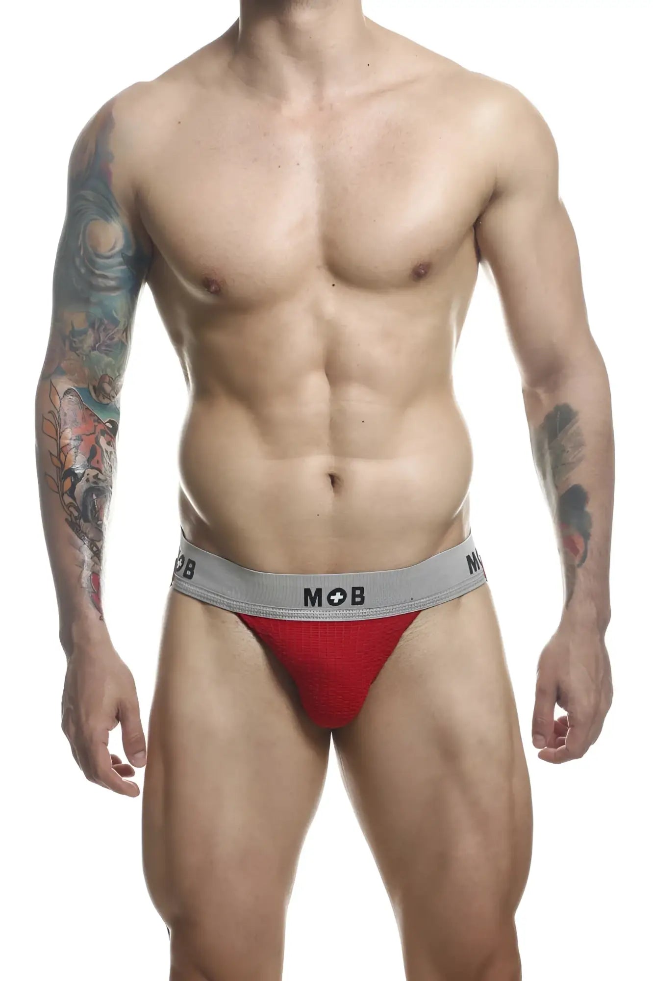 Red malebasics mbl107 mob classic fetish jockstrap with gray waistband and mob logo for athletic support