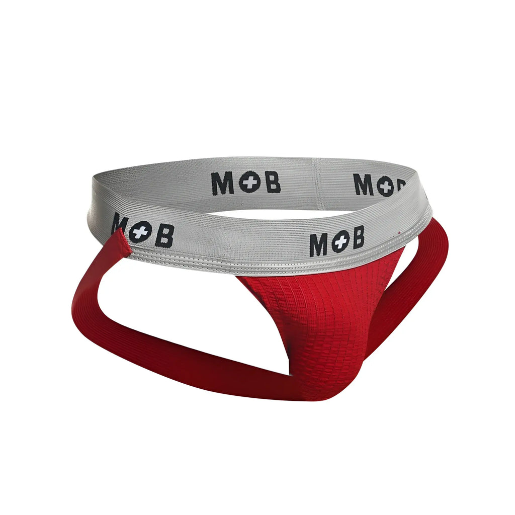 Red malebasics mbl107 mob classic fetish jockstrap with gray waistband featuring mob logo in black