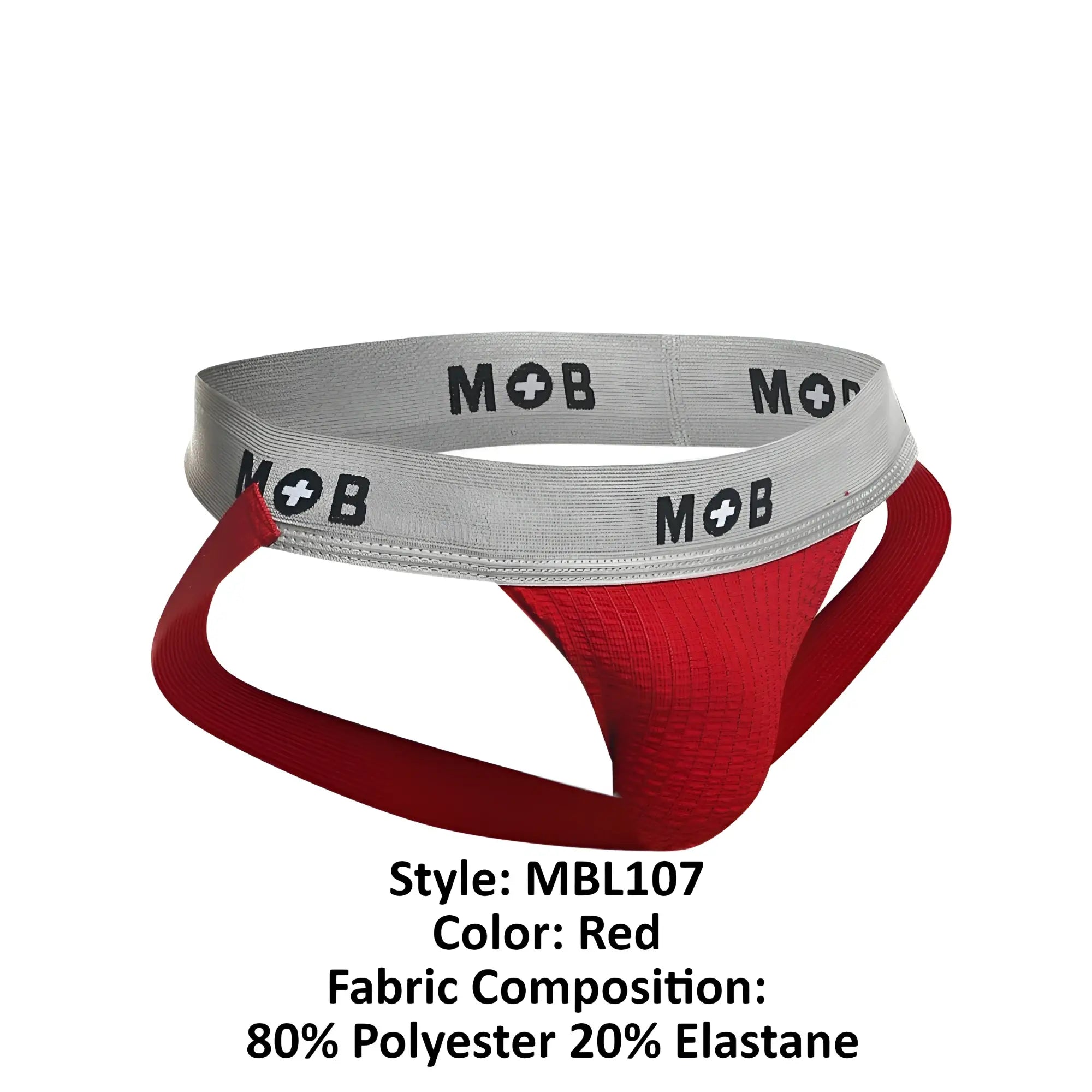 Red athletic briefs with gray waistband and black mob branding malebasics mbl107 classic fetish jockstrap
