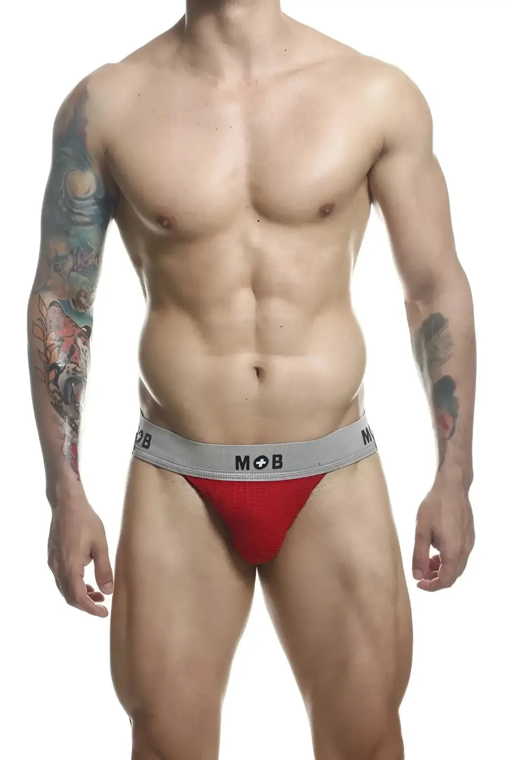 Red malebasics mbl107 mob classic fetish jockstrap with gray waistband and mob logo for athletic support