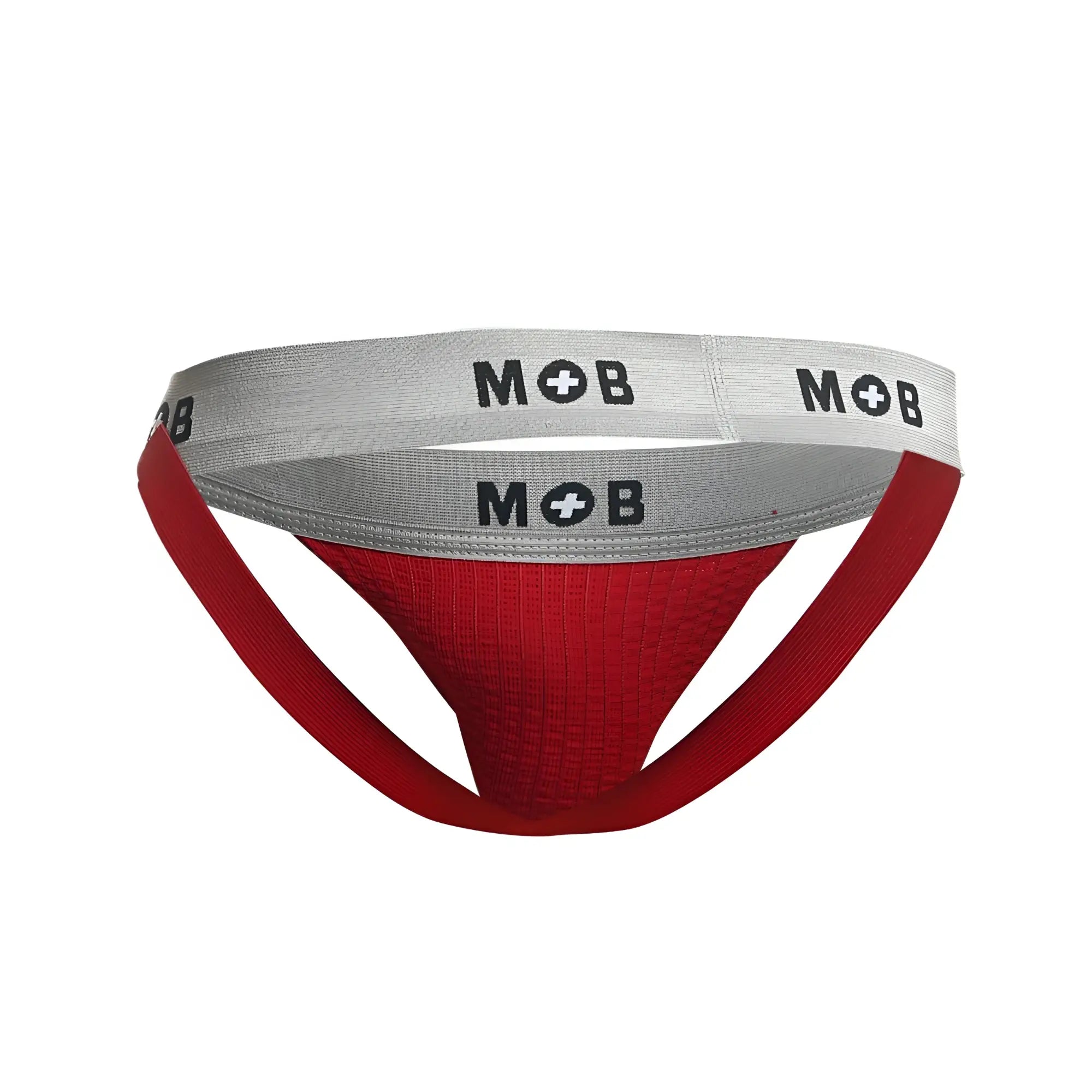 Red and gray malebasics mbl107 mob classic fetish jockstrap with textured fabric and silver waistband with black mob logo