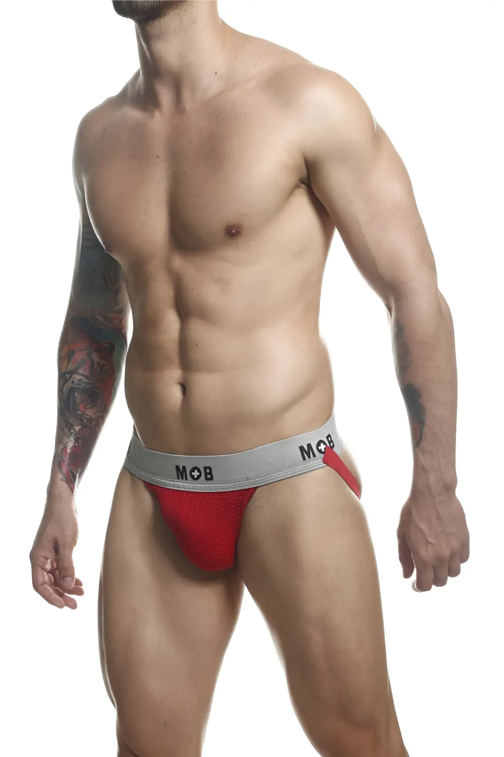 Malebasics mbl107 mob classic fetish jockstrap in red and gray with a snug fit and mob branding