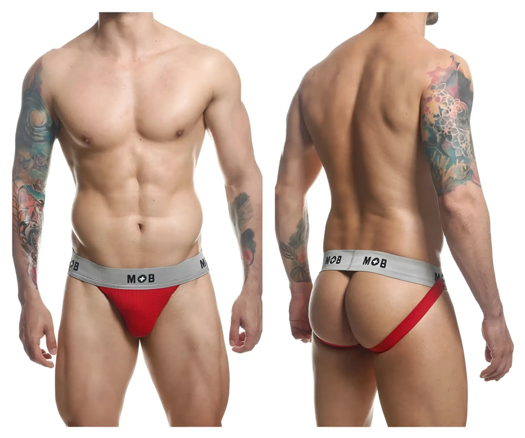 Red and gray malebasics mbl107 mob classic fetish jockstrap with snug fit design and 3 inches waistband