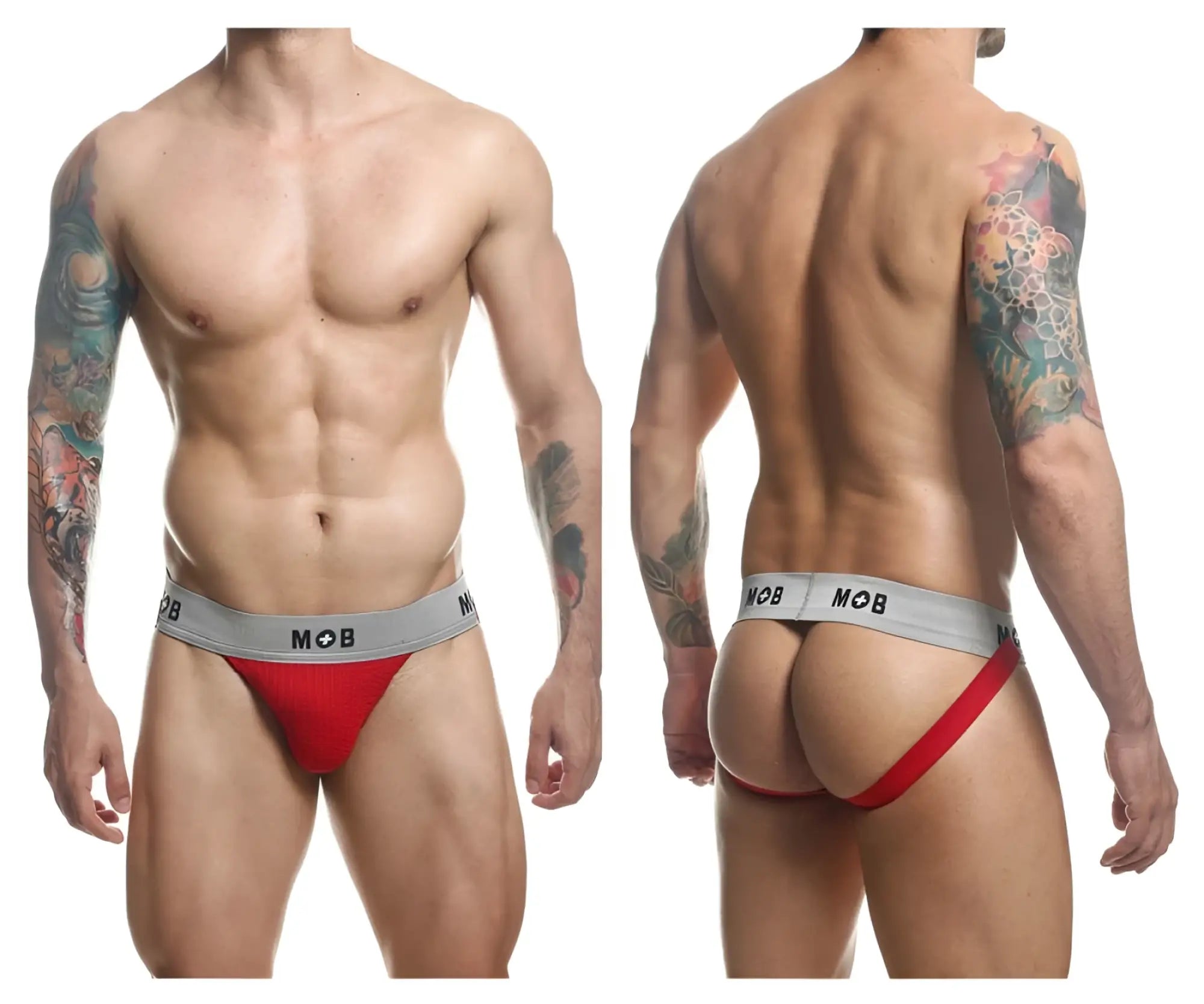 Red and gray malebasics mbl107 mob classic fetish jockstrap with snug fit design and 3 inches waistband
