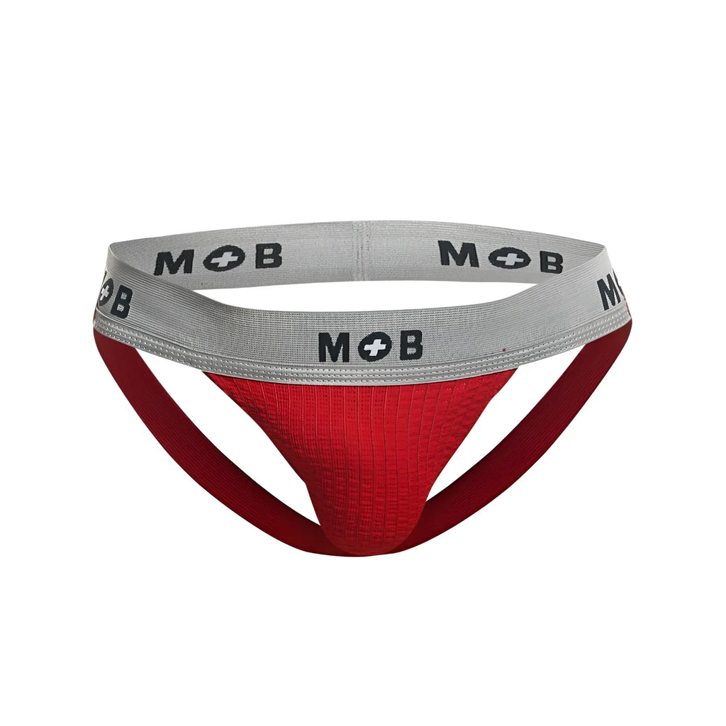 Red textured malebasics mbl107 mob classic fetish jockstrap with gray waistband and mob branding in red color