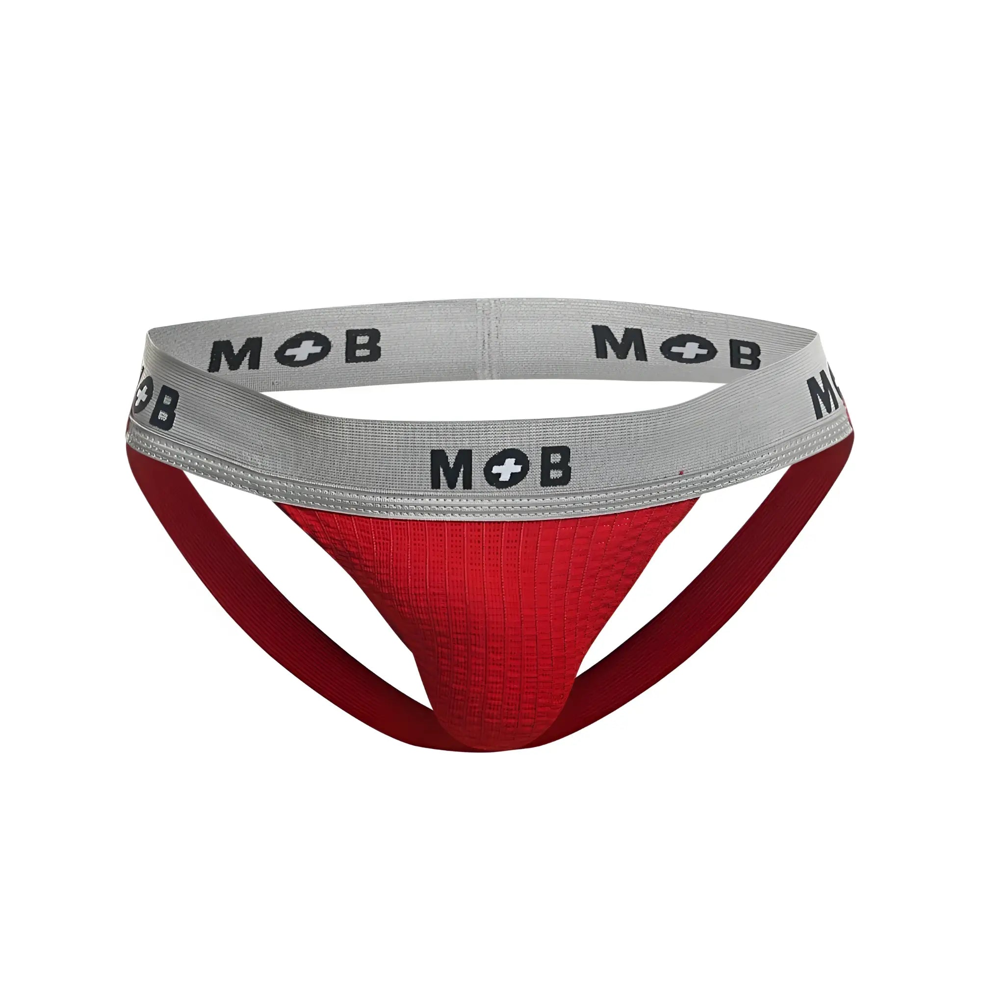 Red textured malebasics mbl107 mob classic fetish jockstrap with gray waistband and mob branding in red color